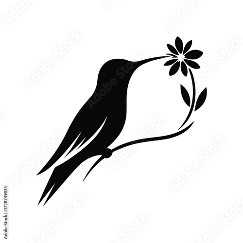 hummingbird sipping from flower vector silhouette clip art logo design illustration