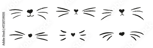 Cat and dog face or nose illustration, cute pet icon vector. Animal logo is perfect for a doodle silhouette. For a kitten or puppy outline with whiskers and heart, crayon drawing is funny and simple.