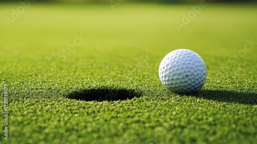 Close-up of golf ball near hole on pristine green grass in sunny setting, National Mulligan Day