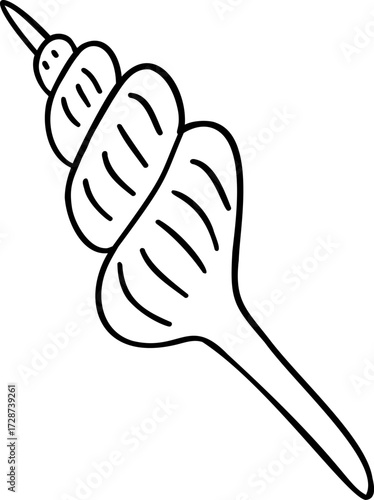 A black and white outline drawing of a conch shell