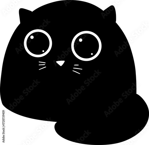A black cartoon cat with large white eyes