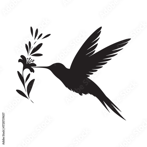 hummingbird sipping from flower vector silhouette clip art logo design illustration