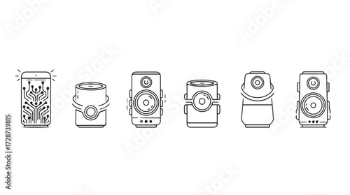 Collection of hand drawn retro style speakers and audio equipment in sketchy line art design vector