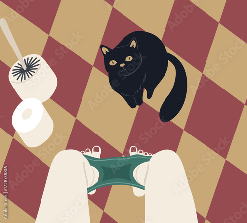 A black cat sits on a checkered floor next to toilet paper and a toilet brush as someones legs are visible