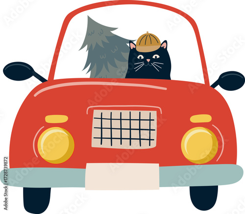 A black cat wearing a hat drives a red car with a pine tree
