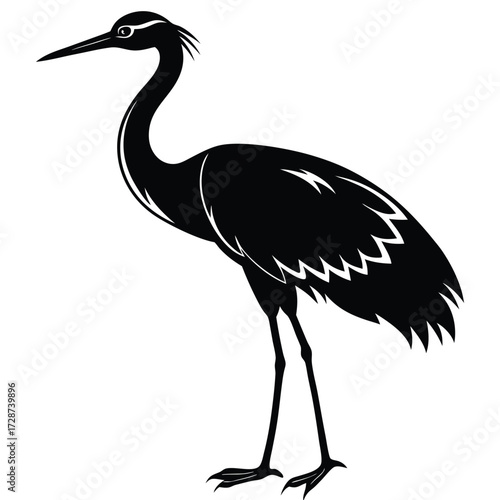 Black Silhouette of a Heron Bird Standing Tall on White Background vector illustration