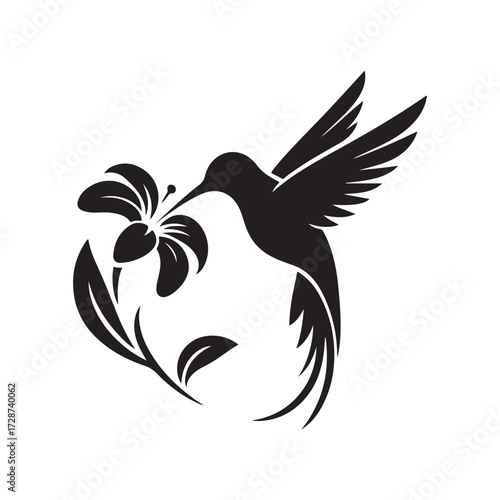 hummingbird sipping from flower vector silhouette clip art logo design illustration