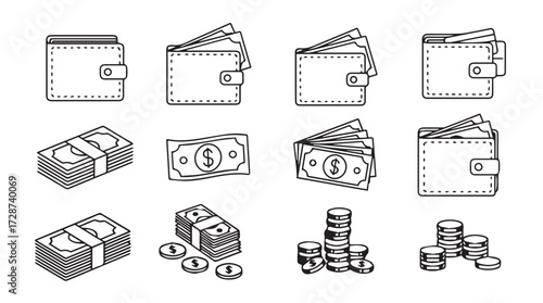Collection of hand drawn wallets money bills and coins representing financial concepts vector