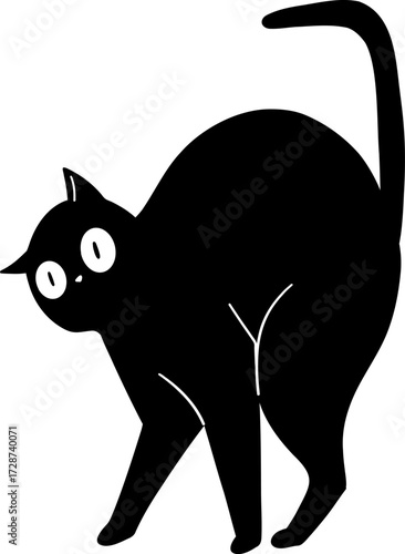 A black cat with large white eyes arches its back