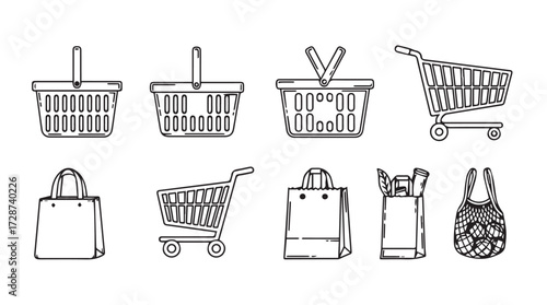 Collection of hand drawn shopping baskets carts bags and net for retail and e-commerce concepts vector