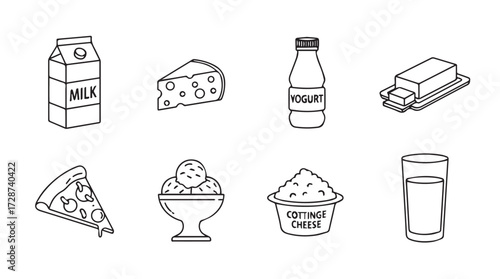 Hand-drawn dairy and food icons including milk cheese butter pizza dessert drink vector