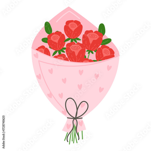 A bouquet of red roses wrapped in pink paper decorated with hearts