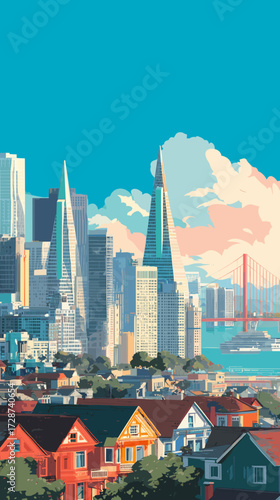 Cityscape of San Francisco, beautiful city in USA, attractive touristic advertisement poster, beautiful touristic must-see destination. Beautiful tourist destination. Famous Golden Gate bridge and cab