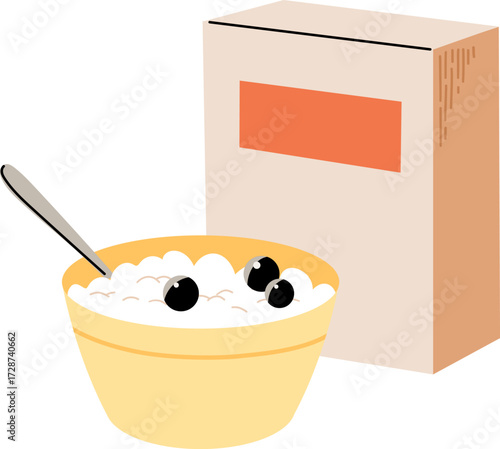A bowl of cereal with blueberries and a box of cereal