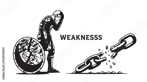 Cracked shield soldier symbolizes defeat broken chain represents weakness and failure vector