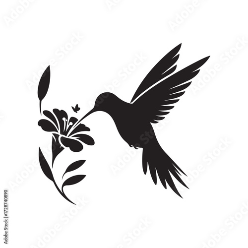 hummingbird sipping from flower vector silhouette clip art logo design illustration