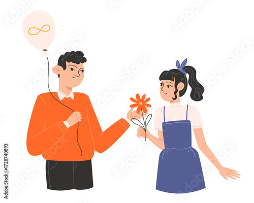 A boy gives a girl a flower and a balloon