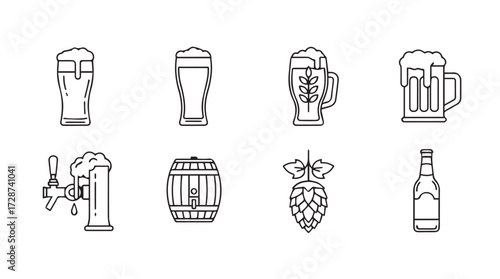 Collection of simple line icons representing beer glasses keg hops and bottle vector