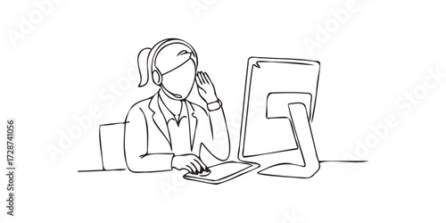 Papier peint Single continuous line drawing of a call center woman wearing a headset and working at a computer
