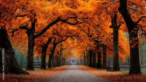 Stunning photograph of a long, straight path through a park, lined with perfectly symmetrical rows of trees in brilliant orange autumn color.