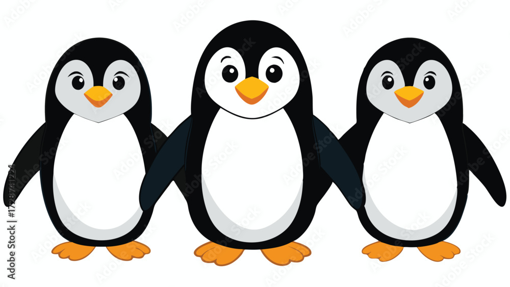 Fototapeta premium Three Cartoon Penguins Standing Together Side by Side White Background cute adorable