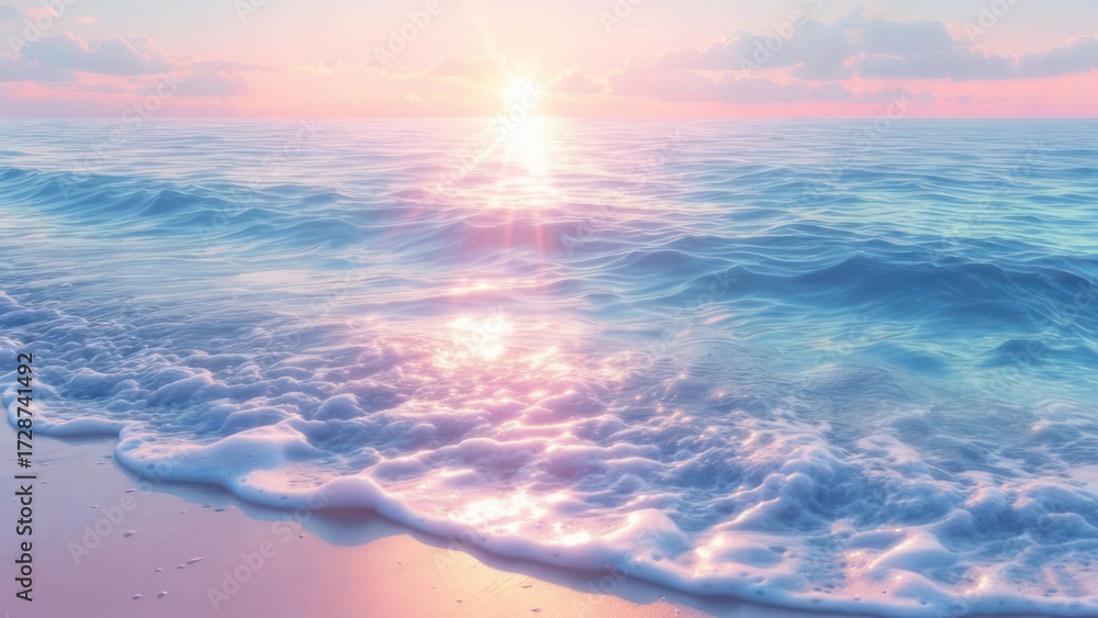 Obraz premium Serene Ocean Sunrise with Gentle Waves on a Sandy Beach.