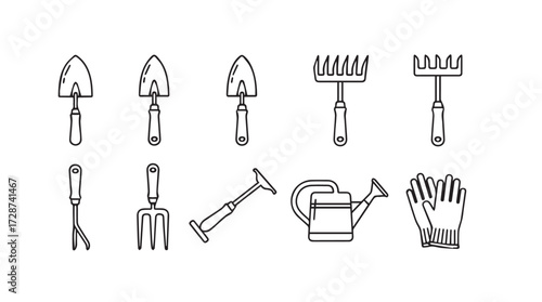 Collection of hand-drawn gardening tools including shovels rakes forks and watering can vector