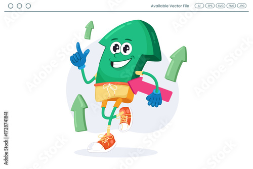 A cartoon arrow character pointing up with a pink arrow
