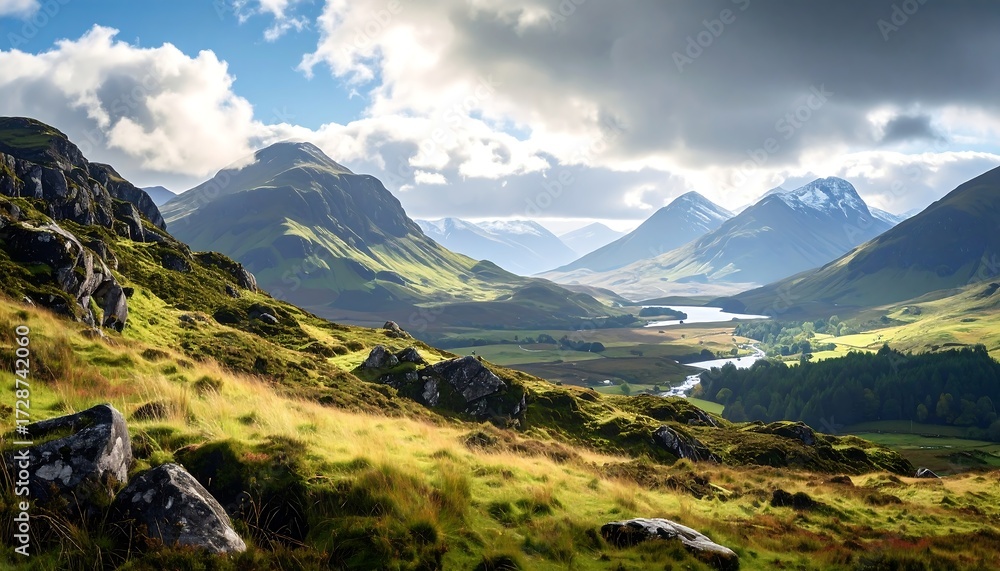 Fototapeta premium Mountain valley vista under a partly cloudy sky