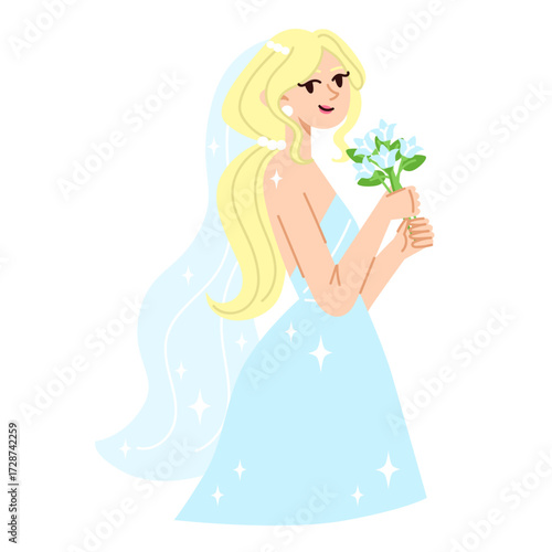 A cartoon bride with blonde hair in a light blue wedding dress and veil holding flowers