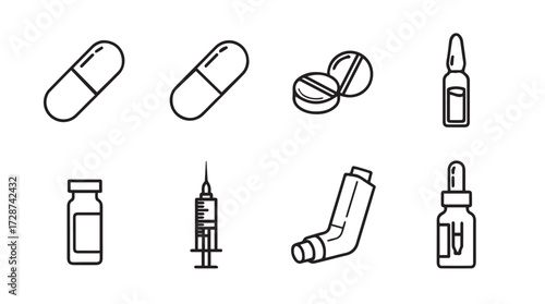 Medical icons set representing pharmaceuticals healthcare and pharmacy essentials vector
