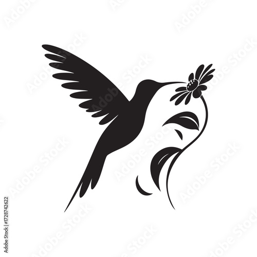 hummingbird sipping from flower vector silhouette clip art logo design illustration