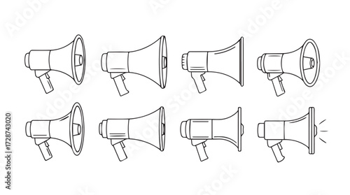 Set of eight line art megaphones in different orientations and perspectives for communication and announcement vector