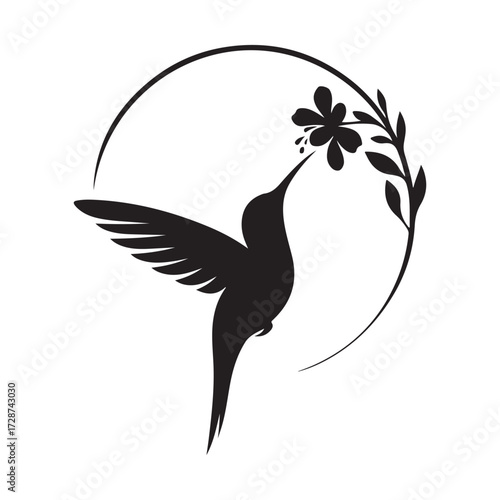 hummingbird sipping from flower vector silhouette clip art logo design illustration