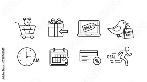 Doodle icon set for online shopping and sales featuring shopping cart gift laptop bird clock calendar card and runner vector