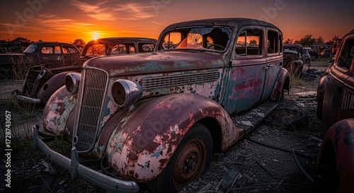Jalopy Graveyard: Dilapidated Vintage Automobile at Sunset
