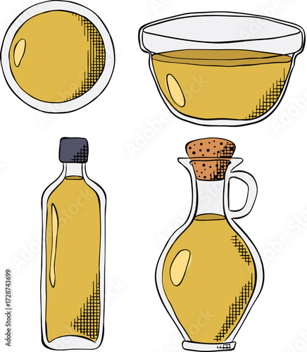Vector set of pictures of different types of oil for cooking. Vector graphic line ink colored illustration. Group bottles of oil for frying Design for package, cosmetic, textile, cards.