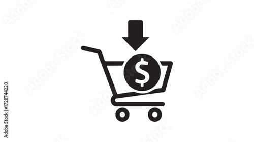 Shopping cart icon with dollar coin and down arrow symbolizing purchase and savings vector