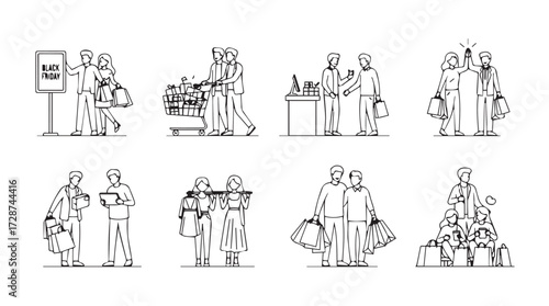 Collection of simplified line art depicting diverse people engaged in various everyday activities vector