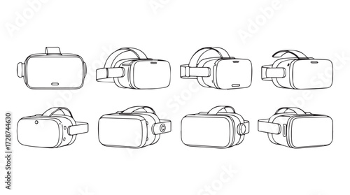 Virtual reality headset set collection various angles line art style drawing isolated vector