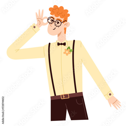A cartoon man with red curly hair and glasses