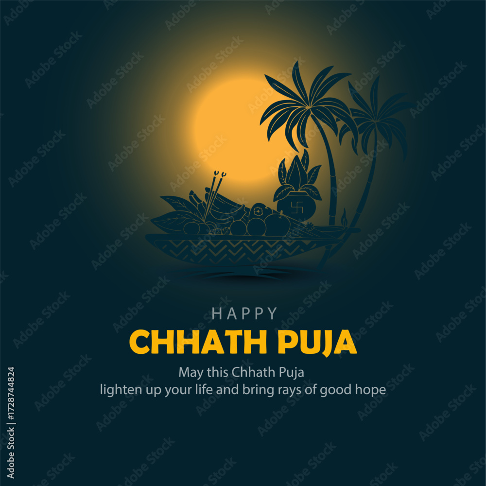 Obraz premium Chhath Puja Night Scene with Offerings and Palm Trees in Moonlight