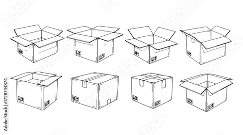 Collection of hand drawn cardboard boxes in various open and closed positions artistic sketch vector
