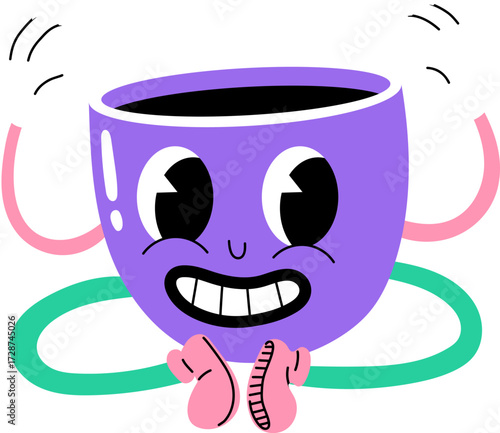 A cartoon purple mug with large eyes a wide smile and arms and legs