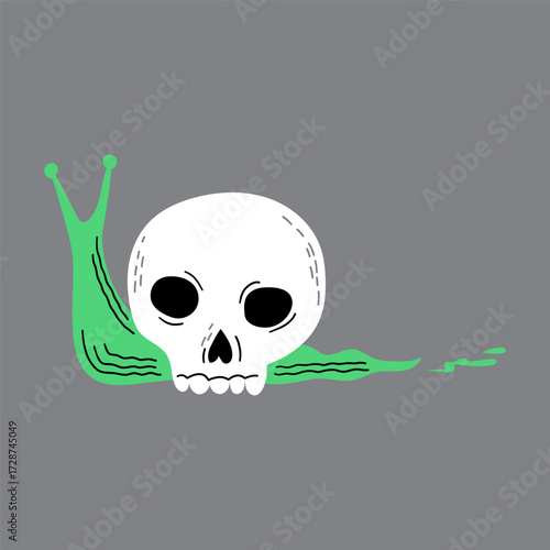 A cartoon snail with a skull for a head on a grey background