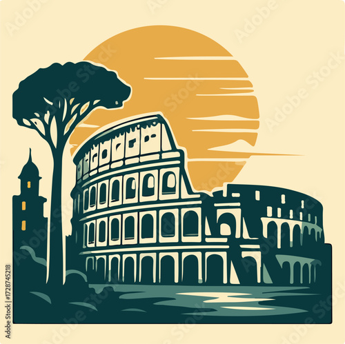Colosseum Rome with Pine Tree at Dusk — Italy Landmark Illustration (Vector)