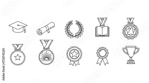 Set of hand drawn graduation and achievement awards icons including caps diplomas medals and trophies for education vector
