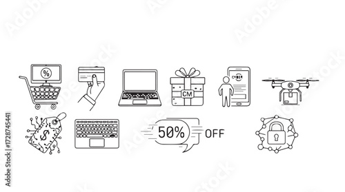 Collection of hand drawn technology and shopping icons represents digital commerce and online services vector