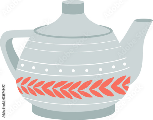 A cartoonish gray teapot with white stripes and red leaf pattern
