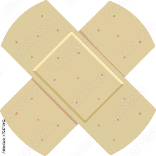 A cartoonstyle illustration of a beige bandaid with pink dots arranged in an X shape